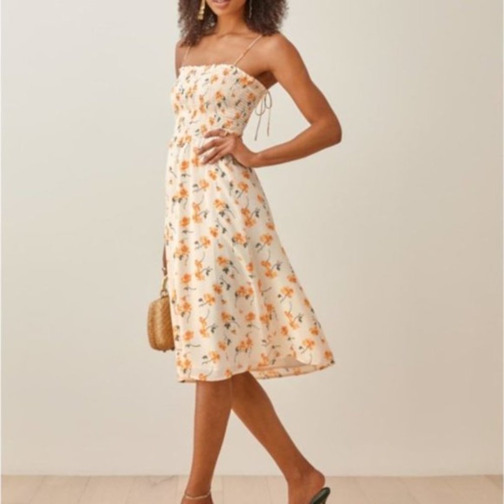 Reformation Sable Dress Limonada floral midi large smocked bodice yellow Tie Sho
